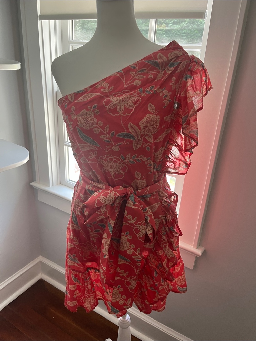 One-Shoulder Red Floral Dress with Ruffle Sleeve